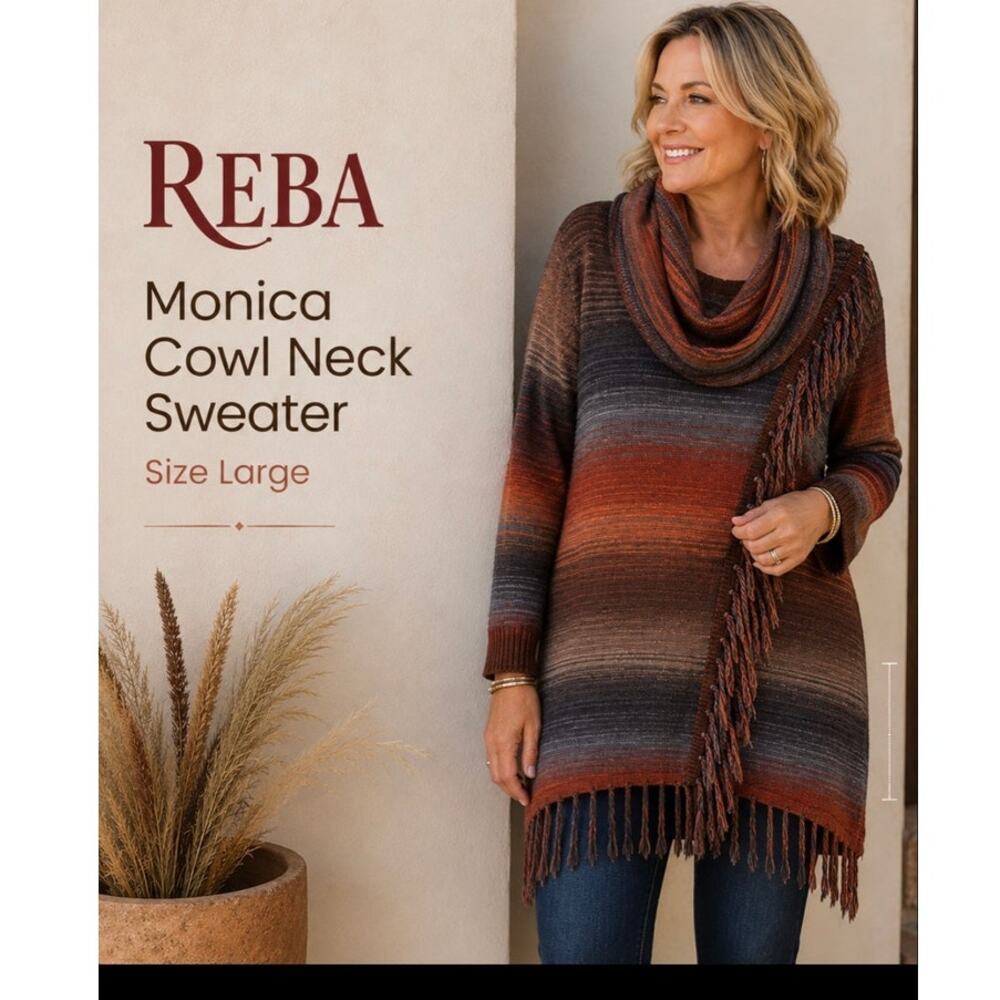 Reba Monica Cowl Neck Sweater Large Southwestern Ombre Fringe Boho Tunic